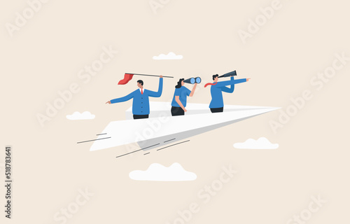 Business vision strategy. leadership direction paper plane. Opportunity for goal. Businessman looking through a telescope sitting on a paper plane with team.