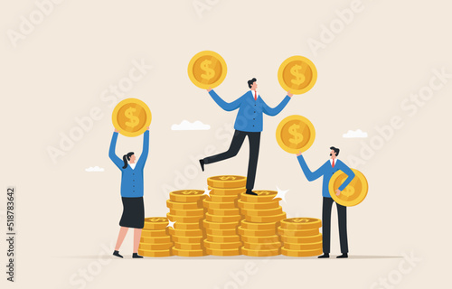 Financially wealthy. Leadership achievements in finance. Financial professionals or bankers..Businessman and employees standing on gold coins.