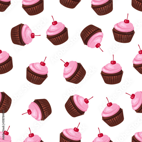 Seamless vector pattern of chocolate cupcake with buttercream frosting and cherry.