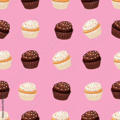 Seamless pattern of chocolate and vanilla cupcake on pink background.
