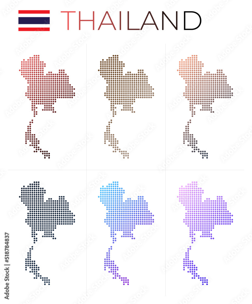 Thailand dotted map set. Map of Thailand in dotted style. Borders of the country filled with beautiful smooth gradient circles. Powerful vector illustration. Thailand dotted map set. Map of Thailand in dotted style. Borders of the country filled with beautiful smooth gradient circles. Powerful vector illustration.