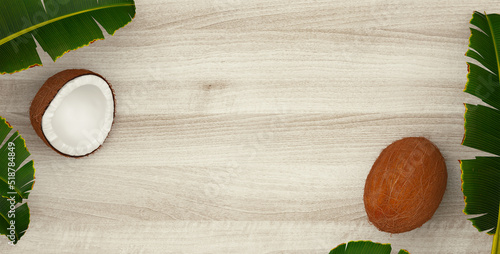 Wallpaper Mural Summer composition. Tropical palm leaves, pineapple, coconut on wooden background. Summer concept. Flat lay, top view, copy space. 3d rendering Torontodigital.ca