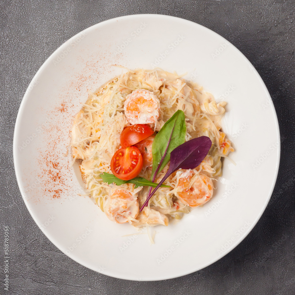 pasta with shrimp in cream sauce. top view pasta with shrimp in cream sauce. top view