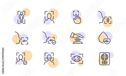 Biometric data set icon. Scanner, scan, man, dna, face id, fingerprint, voice unlock, recognize, checkmark, pulse, water drop, iris, international passport, eye. Privacy concept. Vector line icon