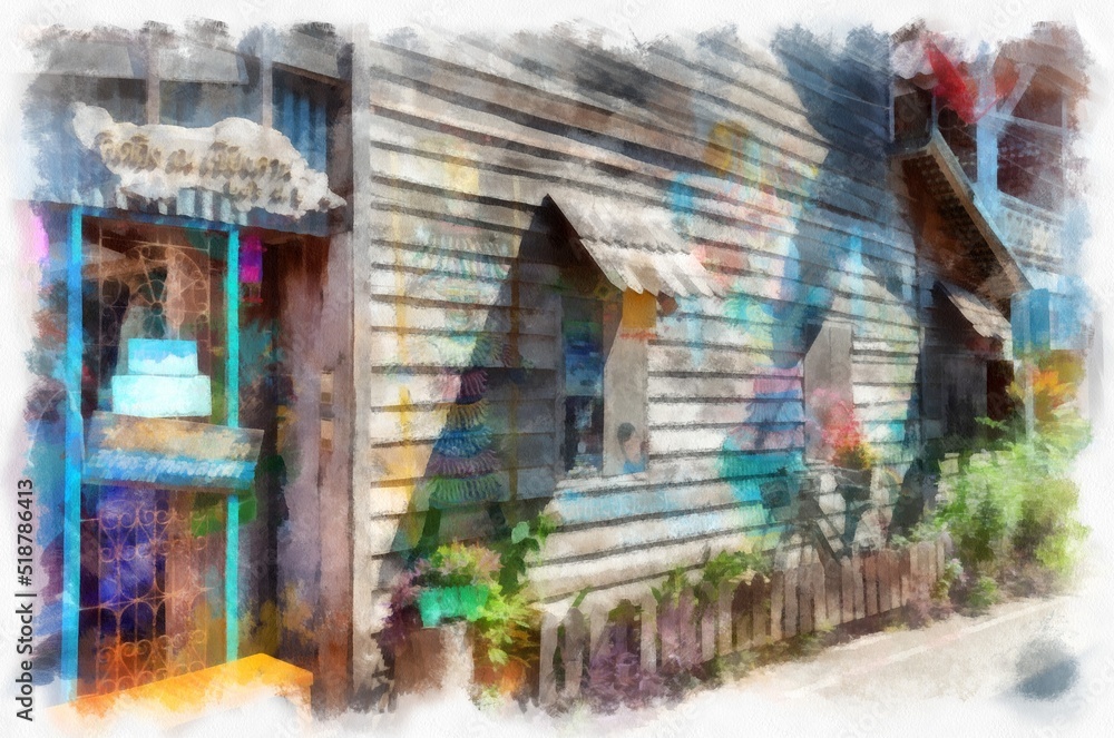 Street landscape in a commercial area of rural Thailand watercolor style illustration impressionist painting. Street landscape in a commercial area of rural Thailand watercolor style illustration impressionist painting.