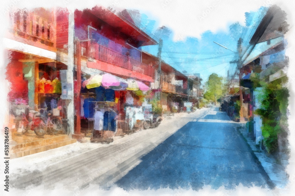Street landscape in a commercial area of rural Thailand watercolor style illustration impressionist painting.