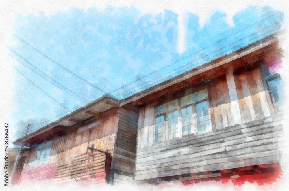 Ancient wooden houses in Thailand watercolor style illustration impressionist painting.