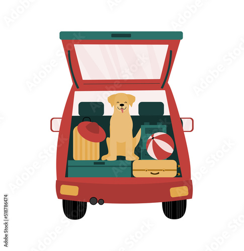 Travelling with pets. Dog is sitting in the back sitting of the car. Trunk is full of belongings such as suitcases, backpack. Road trip vacation 