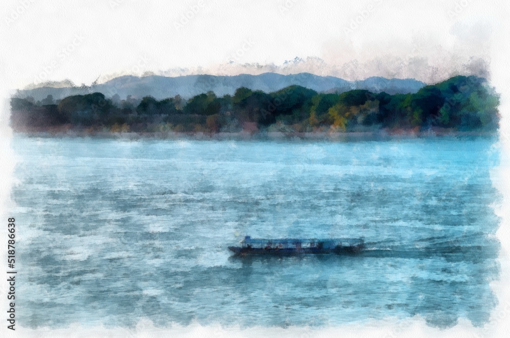 Landscape of boats sailing on the Mekong River in Thailand  watercolor style illustration impressionist painting.