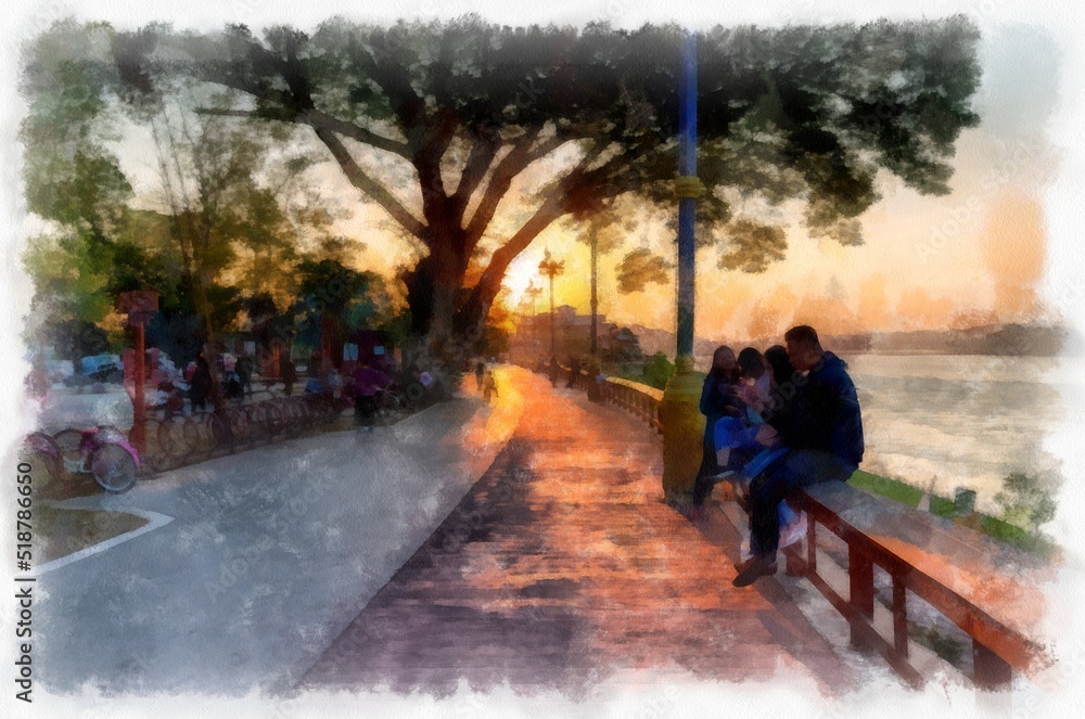 Mekong river landscape of Thailand watercolor style illustration impressionist painting. Mekong river landscape of Thailand watercolor style illustration impressionist painting.