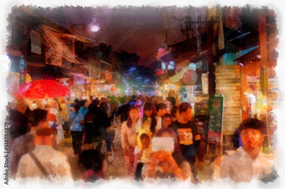 The landscape of the commercial district of a rural town along the Mekong River at night watercolor style illustration impressionist painting.