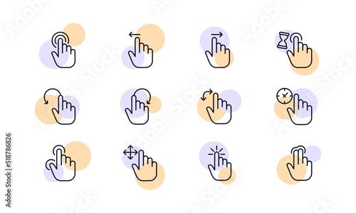 Control gestures set icon. Touch screen, index finger, arrow, press, push, swipe, turn pages, scroll, tap, clock, hourglass, loading, zoom in and out, hand. Technology concept. Vector line icon photo
