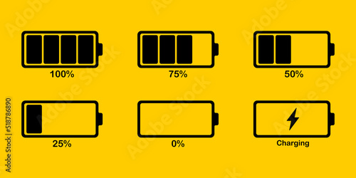 Battery charge percent set icon. Full, charged, fast, carging, 100, 75, 50, 25, 0, lightning, electricity, accumulator, electronoc device, power. Technology concept. Vector line icon for Business