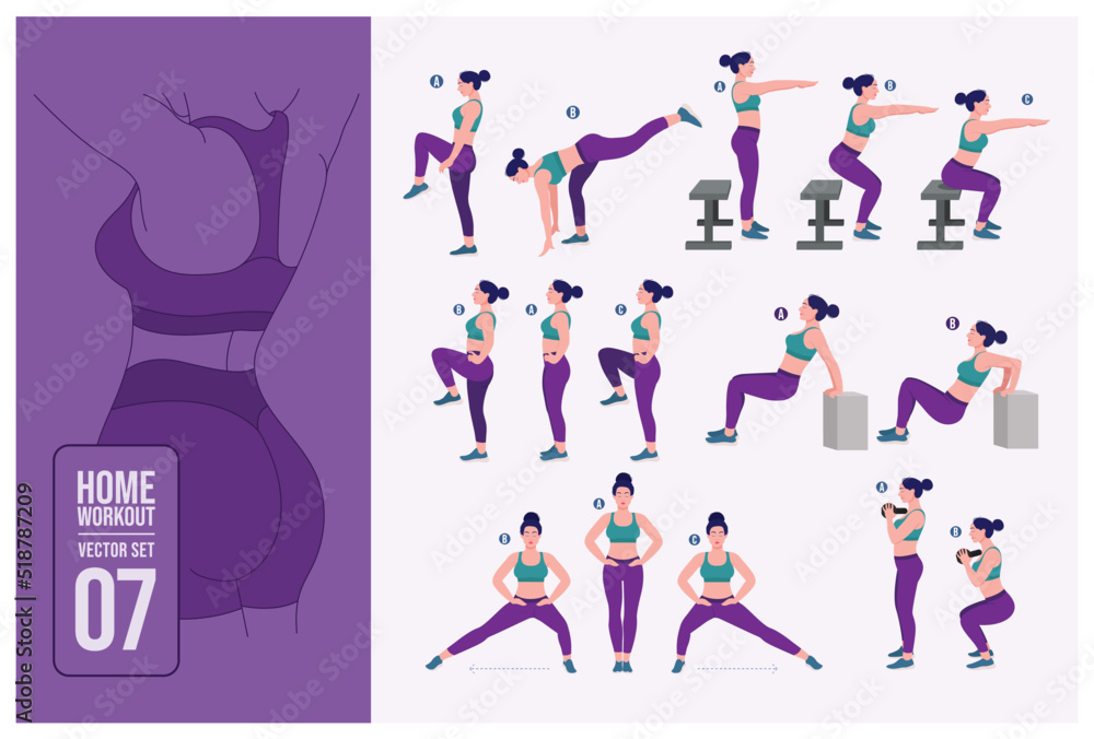 Women Workout Set. Women doing fitness and yoga exercises. Lunges, Pushups, Squats, Dumbbell rows, Burpees, Side planks, Situ ps, Glute bridge, Leg Raise, Russian Twist, Side Crunch .etc	
