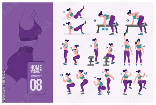 Women Workout Set. Women doing fitness and yoga exercises. Lunges, Pushups,  Squats, Dumbbell rows, Burpees, Side planks, Situ ps, Glute bridge, Leg  Raise, Russian Twist, Side Crunch .etc Stock Vector