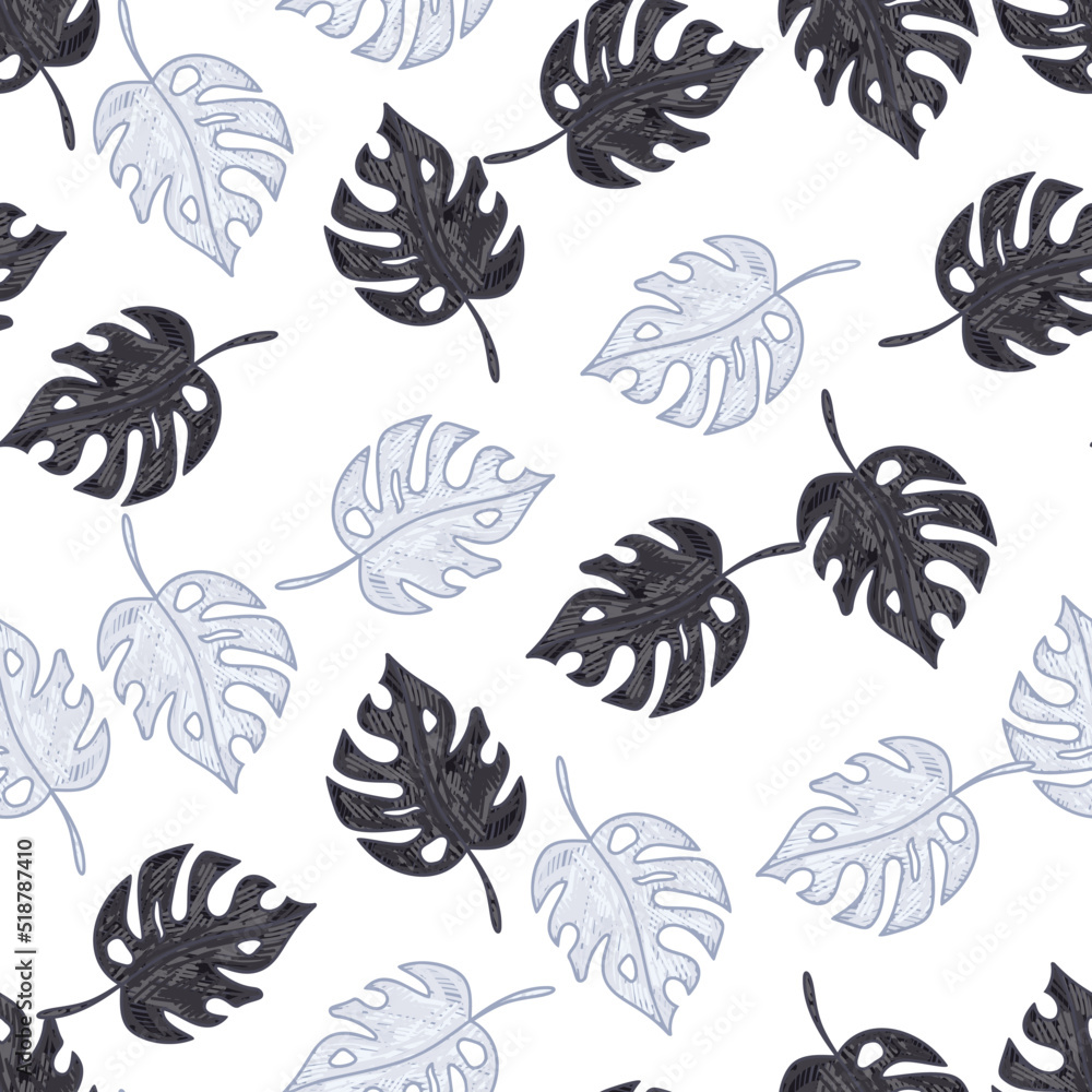 Scribble monstera leaves tropical seamless pattern. Hand drawn exotic hawaiian jungle backdrop. Rainforest background.
