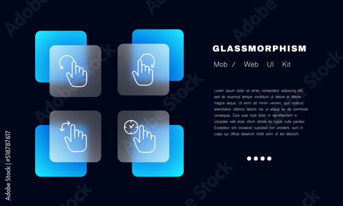 Control gestures for touch screen set icon. Arrow, swipe, clock, loading, hand, finger, tap, press, push, button, device, phone. Technology concept. Glassmorphism style. Vector line icon for Business