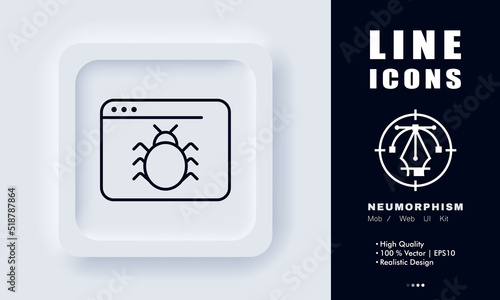 Website with computer virus line icon. Bug, internet, online, spyware, worm, break, malicious, window. Malware concept. Neomorphism style. Vector line icon for Business and Advertising