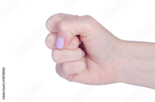 Female fist strength on white background isolation