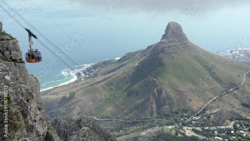 Table Mountain aerial cableway with Lion's Head mountain in the background in Cape Town, South Africa.	