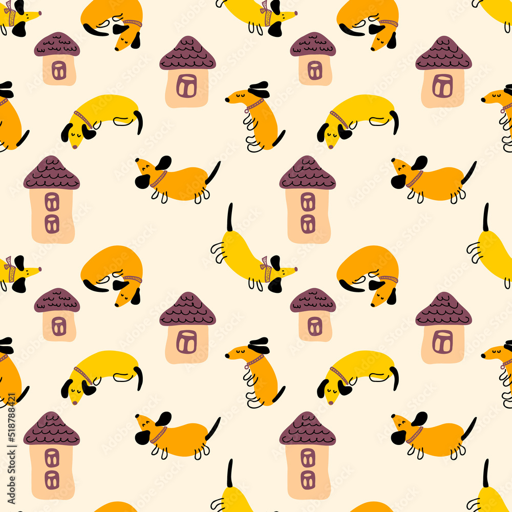 Hand drawn seamless pattern with dachshunds and houses. Perfect for T-shirt, postcard, textile and print. Doodle illustration for decor and design.