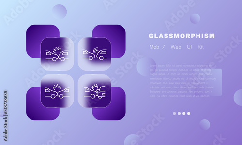 Car accidents set icon. Crash into a car, collision, collide, explosion, spark, distance between cars, drive, driver. Road traffic concept. Glassmorphism style. Vector line icon for Business