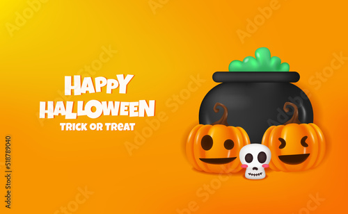 Happy halloween Party banner design with 3d cute cauldron and pumpkin jack o lantern with orange background