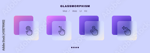 Touch screen set icon. Hand, control gestures, press, push, tap, button swipe, settings, window, arrow, zoom in ad out. Technology concept. Glassmorphism style. Vector line icon for Business