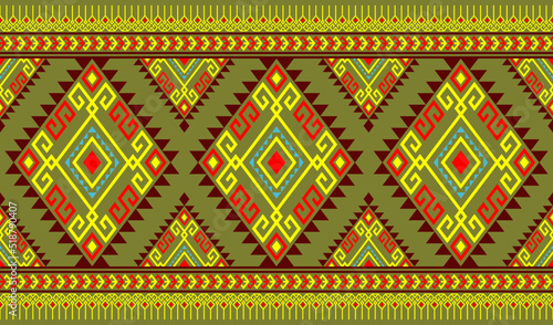 Yellow Red Brown Symmetry Geometric Ethnic Seamless Pattern on Green Background © steafpong