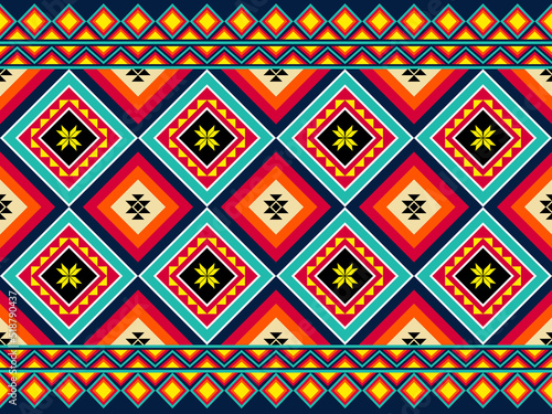 Red Green Symmetry Geometric Square Ethnic Seamless Pattern on Blue Background