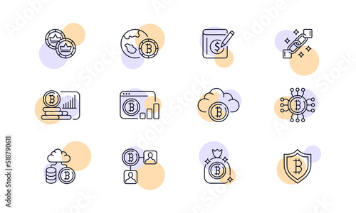 Operations with cryptocurrency set icon. Banking, bitcoin, worldwide, blockchain, cloud, internet, statisticsm shield, safe, money. bag Financial management concept. Vector line icon for Business
