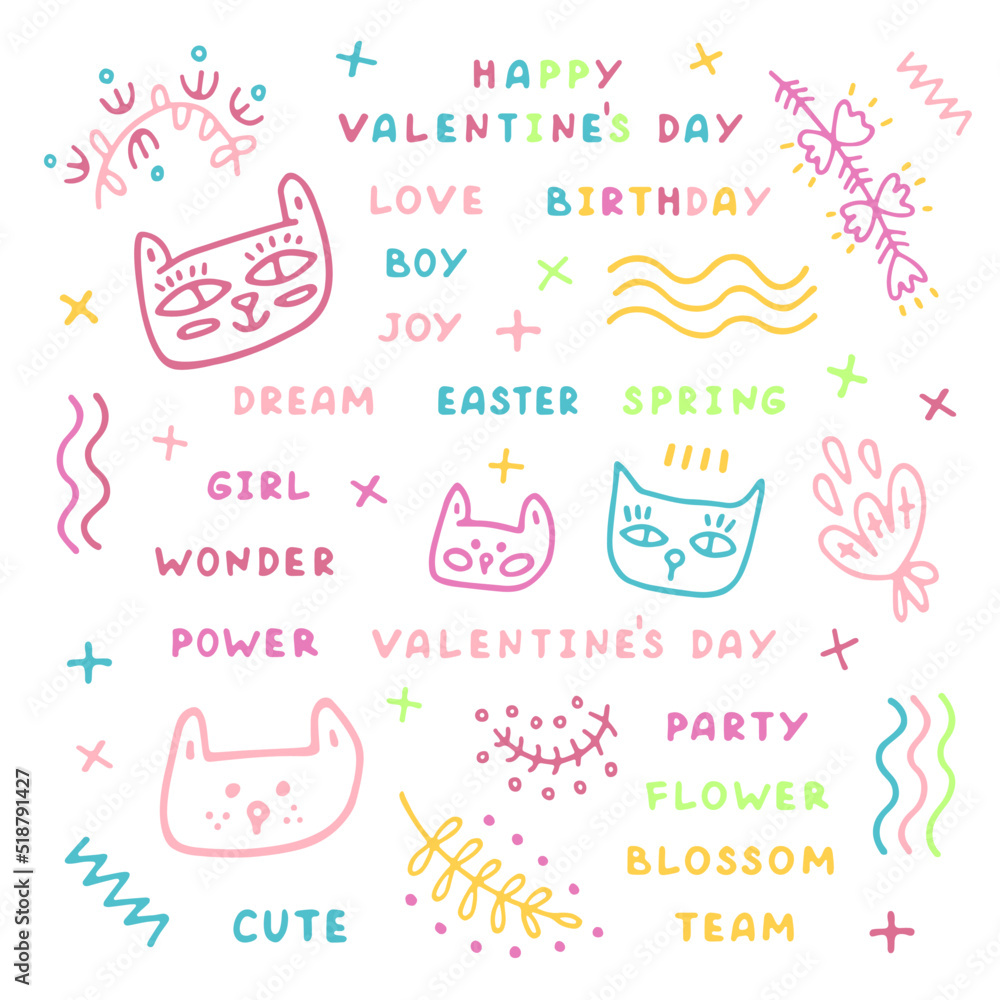 Dreamy vector set with cute cartoon kittens and inscriptions on the theme of holidays, fun, spring in joyful pastel shades. For girls, boys, adults, for greetings, postcards, wrappers, textiles Dreamy vector set with cute cartoon kittens and inscriptions on the theme of holidays, fun, spring in joyful pastel shades. For girls, boys, adults, for greetings, postcards, wrappers, textiles