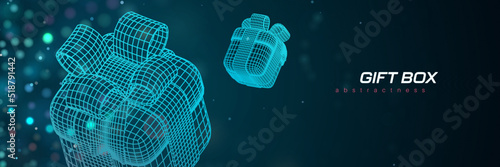 Wireframe 3d gift boxes on abstract futuristic blue background with blue dots. Win prizes cyber web banner