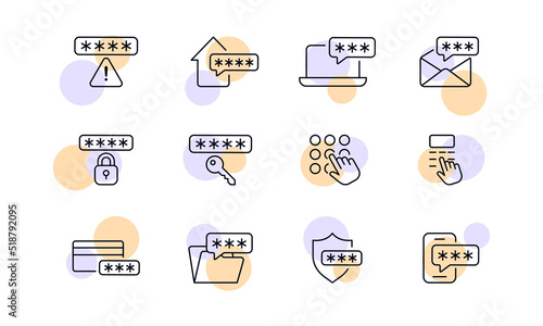 Personal passwords set icon. Warning sign, home, laptop, email, lock, enter, hand, bank card, folder, shield, phone. Technology concept. Vector line icon for Business and Advertising
