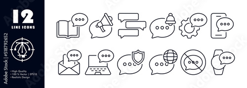 Working communication set icon. Book, speech bubble, megaphone, notification, bell, gear, phone, letter, laptop, shield, worldwide, internet, schedule. Business concept. Vector line icon for Business