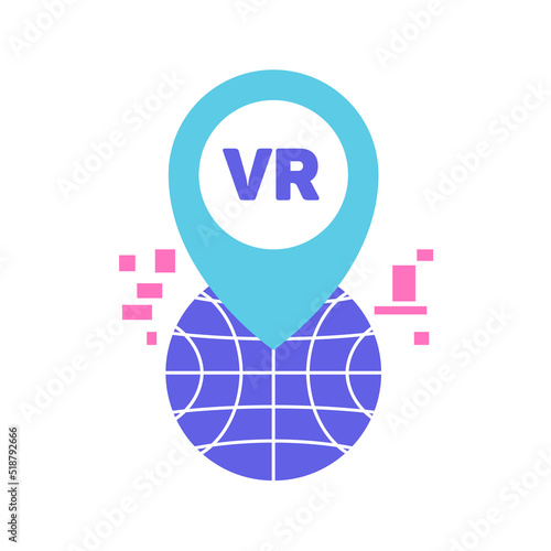 futuristic modern virtual reality world dimension icon flat illustration. globe grid map point with digital wrap map graphic design.
