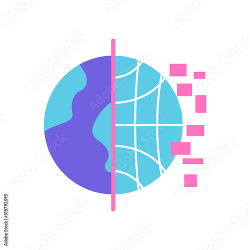 real world vs virtual reality digital dimension portal icon vector flat illustration. half grid globe with vr element graphic design