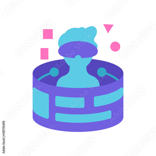man inside digital virtual reality hologram element icon flat vector illustration. person wearing vr goggles operating ar graphic design