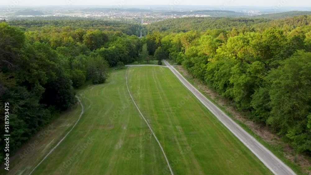 drone shot from a forest alley with Stuttgart as a view drone shot from a forest alley with Stuttgart as a view