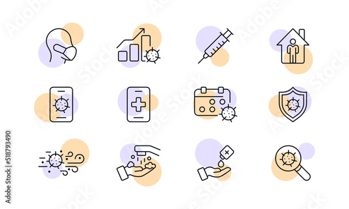 Protection from infections set icon. Mask, injection, virus, covid, call the doctor, stay at home, shield, wash hands, soap, magnifier, quarantine. Healthcare concept. Vector line icon for Business