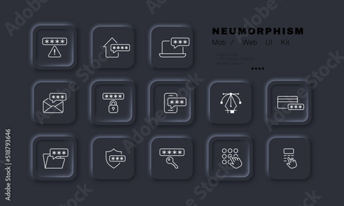 Passwords set icon. Warning sign, home, laptop, email, lock, phone, folder, bank card, shield, key, hand, enter, protection. Privacy concept. Neomorphism. Vector line icon for Business and Advertising