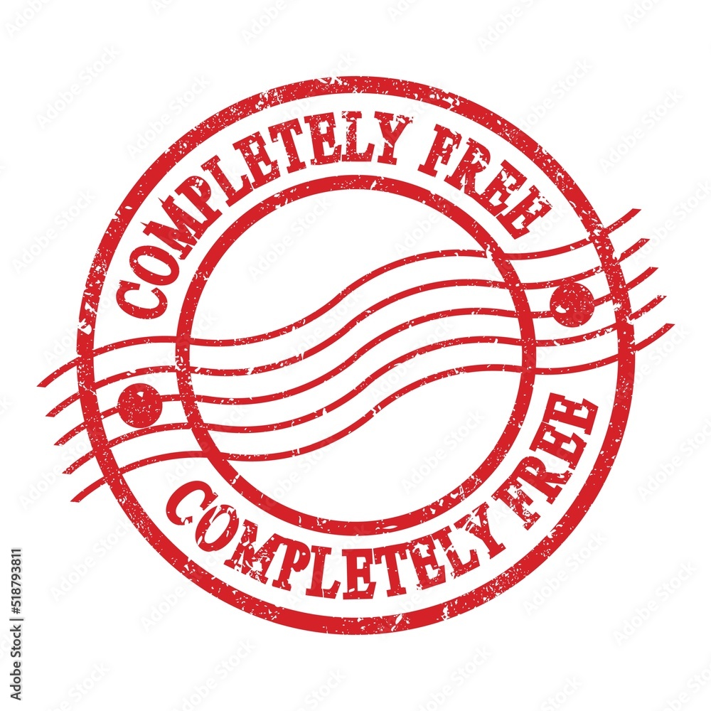 COMPLETELY FREE, text written on red postal stamp. COMPLETELY FREE, text written on red postal stamp.