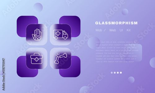 Emergency room set icon. Ambulance, bandage the wound, hand, palm, first aid kit, broken bone. Healthcare concept. Glassmorphism style. Vector line icon for Business and Advertising
