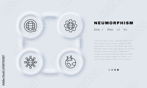 Globes with pointers set icon. Planet Earth, gear, satellite, destination, travel, journey, location. Geolocation concept. Neomorphism style. Vector line icon for Business and Advertising