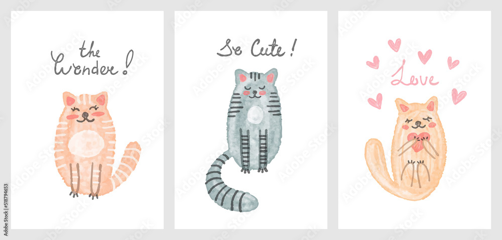 Cute vector kit with kittens. Abstract cartoon cats in children's watercolor style with inscriptions for backgrounds, postcards, gifts, wrappers, textiles, toddlers and children, decor and interior