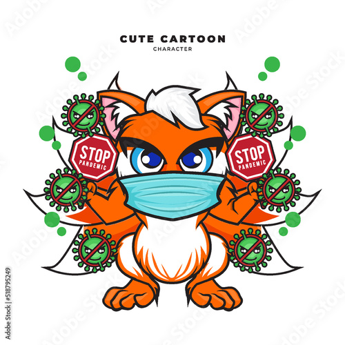 Cute cartoon character of nine tails fox kitsune is wearing mask and holding stop pandemic covid-19 sign