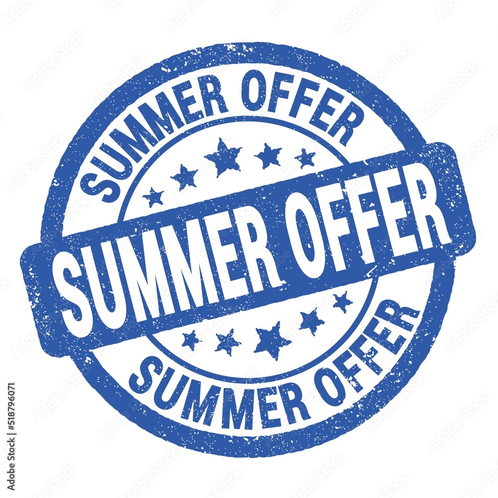 SUMMER OFFER text written on blue round stamp sign. SUMMER OFFER text written on blue round stamp sign.