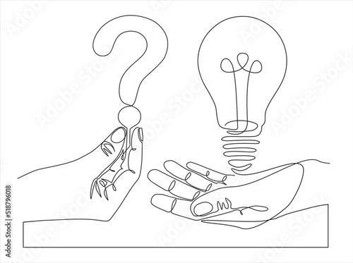 continuous single one line drawing of question and answer, solving problem or business solution, FAQ concept.