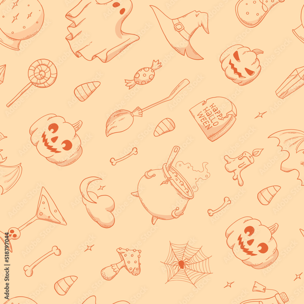 Halloween vintage seamless pattern with hand drawn doodles. Good for kids textile prints, wrapping paper, wallpaper, scrapbooking, stationary, backgrounds, etc. EPS 10