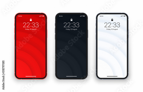 Different Variations Minimalist Red Black Light Grey 3D Smooth Blurred Lines Wallpaper Set On Photo Realistic Cell Phone Screen Isolated On White. Various Vertical Abstract Screensavers For Smartphone